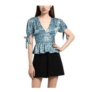 Top Shop‎ Floral Print Corset Top Blue Purple Green V-Neck Peplum Puff Sleeves 4